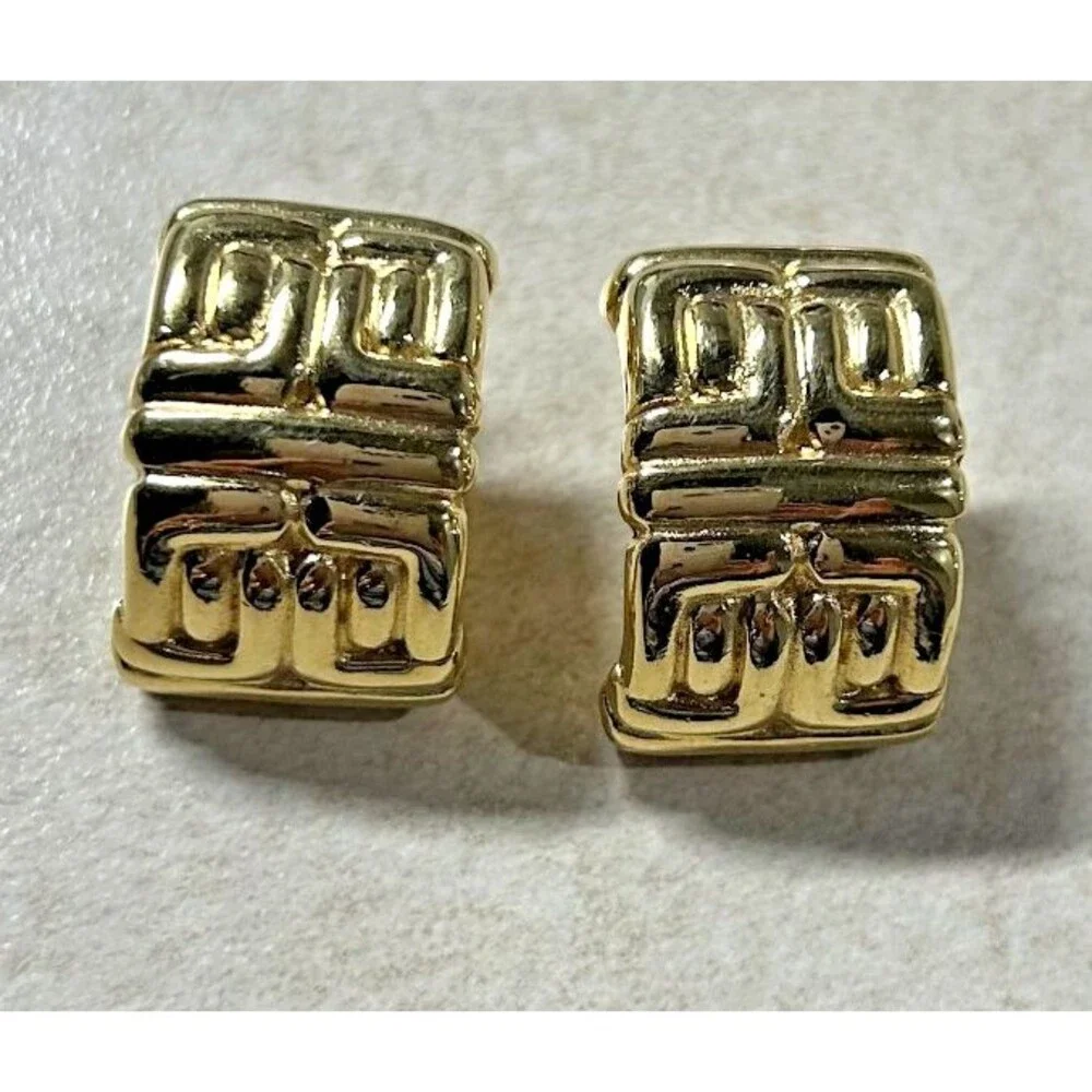 Vintage 1980's Givenchy Gold Tone Geometric Motif Half-Hoop Pierced Earrings